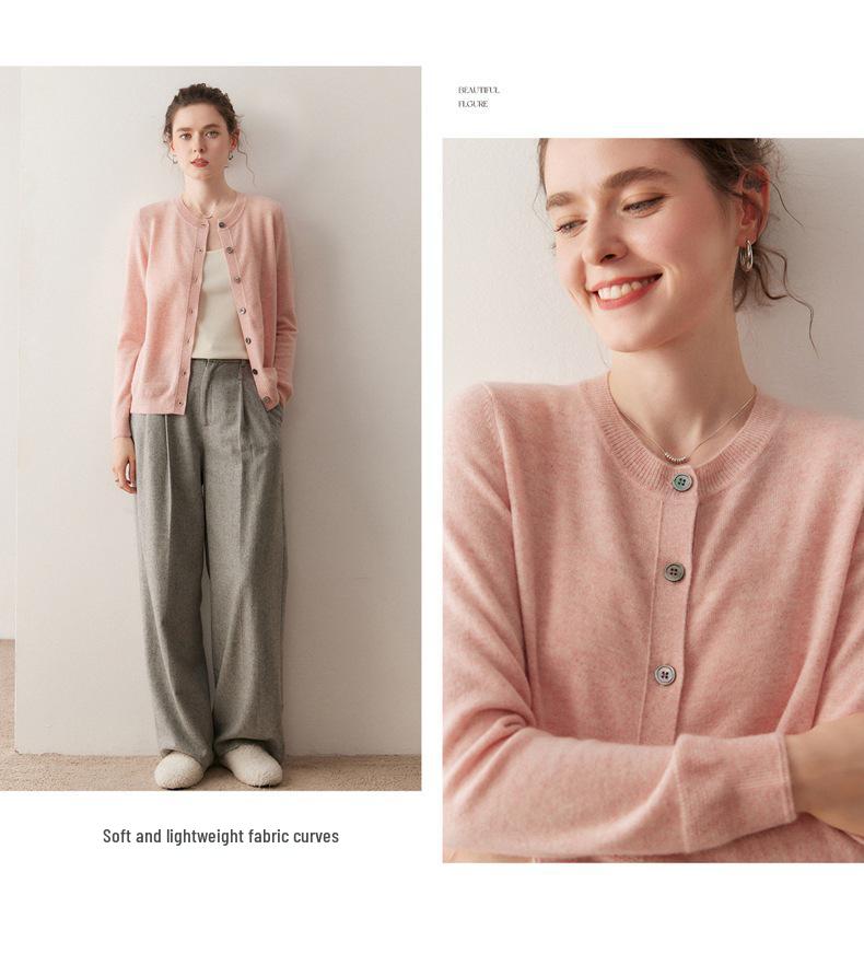 Women's 100% Pure Cashmere Round Neck Cardigan - Single-Breasted, Short Loose Knit Sweater