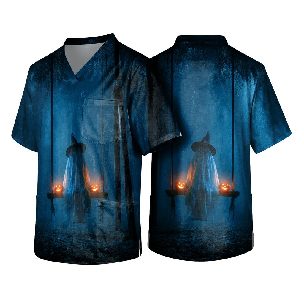 Men's Halloween Print V Neck Pocket Scrub Top Short Sleeve Medical Uniform Shirt with Graphic Design for Healthcare Professionals