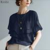 ZANZEA Women Casual Round Neck Loose Ruffles Short Sleeve Blouse