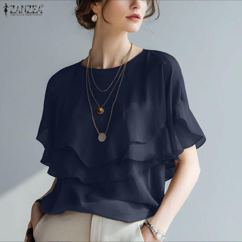 ZANZEA Women Casual Round Neck Loose Ruffles Short Sleeve Blouse