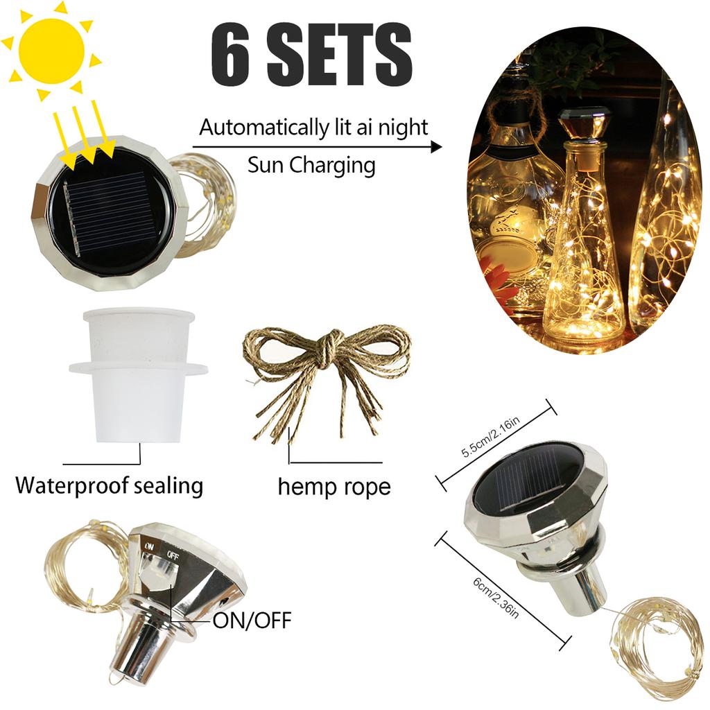 6Pcs Solar Wine Bottle Lights 2M 20 LED Copper Wire Fairy String Lights IP65 Waterproof Cork Lights for Wedding Christmas Party