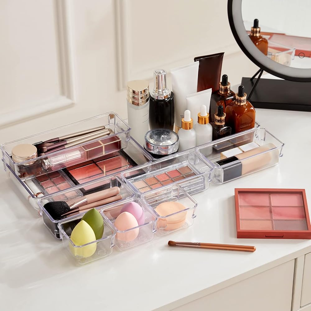 Lifewit Drawer Organizer Tray Set 16 Pieces Clear Plastic Storage Box for Makeup Accessories and Small Items