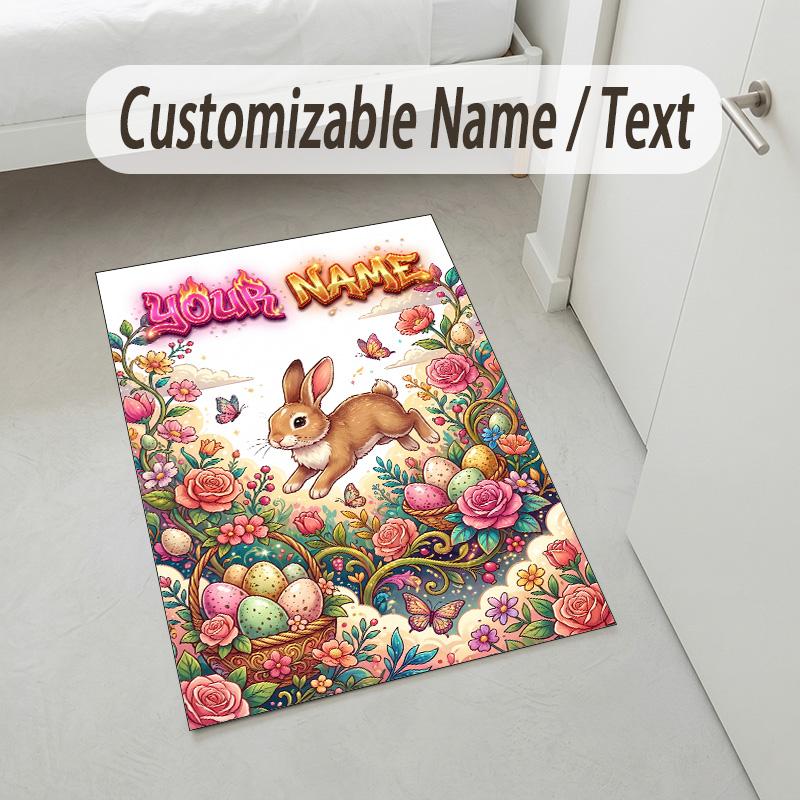 Floral Garden Theme Crystal Velvet Rug Personalized Custom Name Text Soft Floor Mat Home Decor