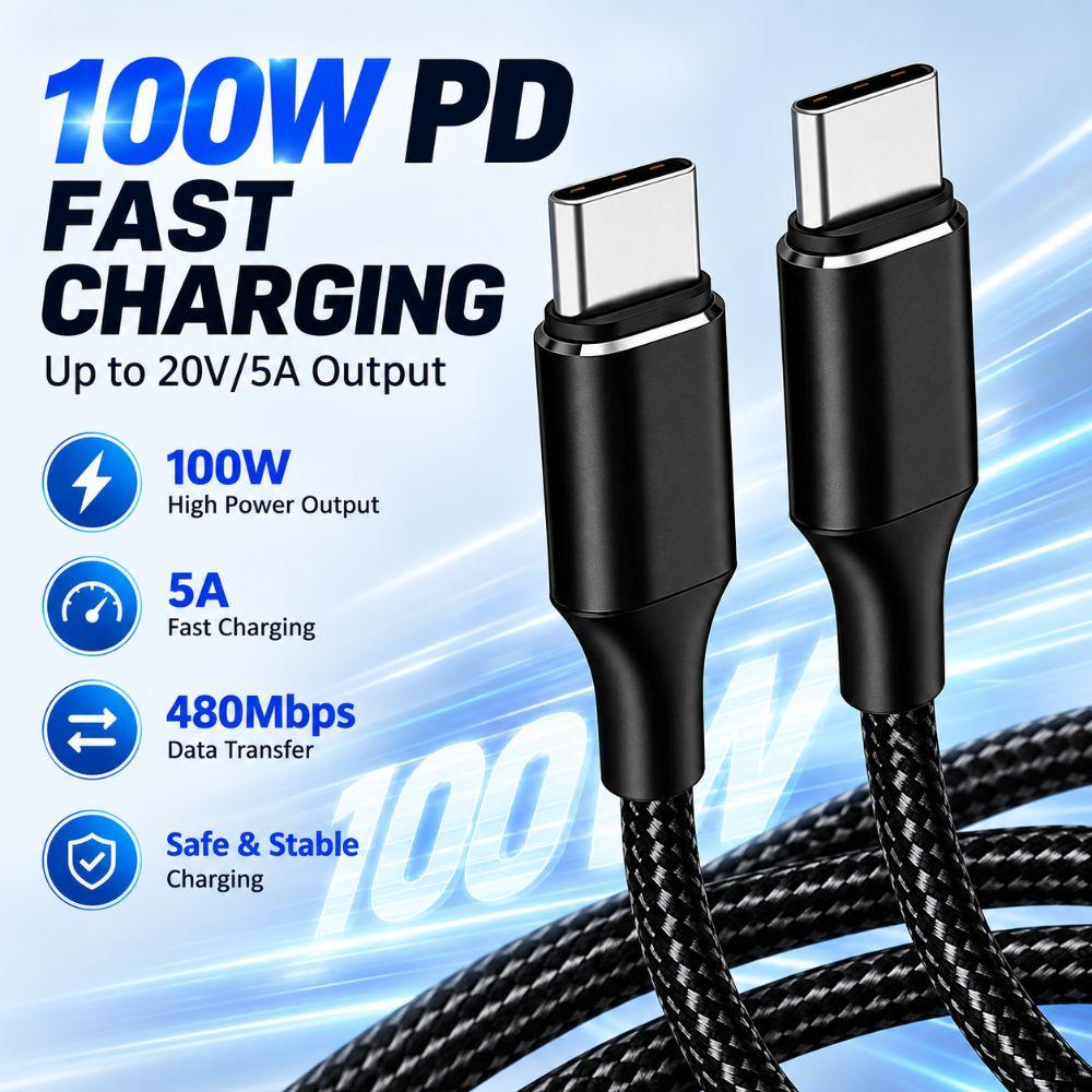 5A USB-C Charging Cable 100W PD USB-C Sync Cable Male to Male PD Fast Charge Lead  File Transfer