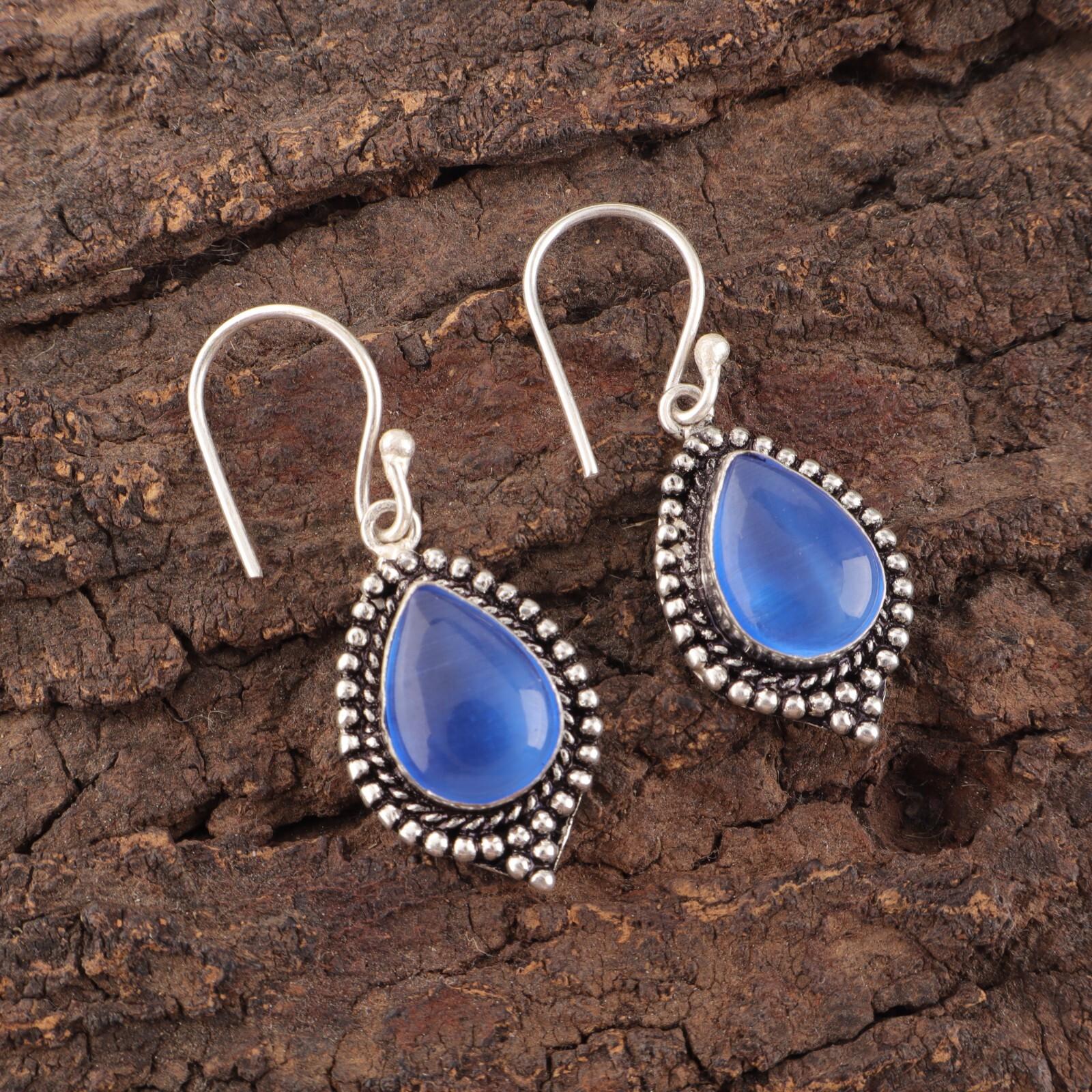 

Natural Dark Blue Cat s Eye Gemstone 925 Sterling Silver Jewelry Earrings 1.6 EE-164-39