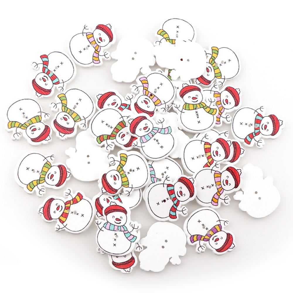 50/100Pcs Mixed Cartoon Snowman Buttons Christmas Wooden Snowman Buttons Flat Back Buttons Handmade Sewing Home Decoration DIY