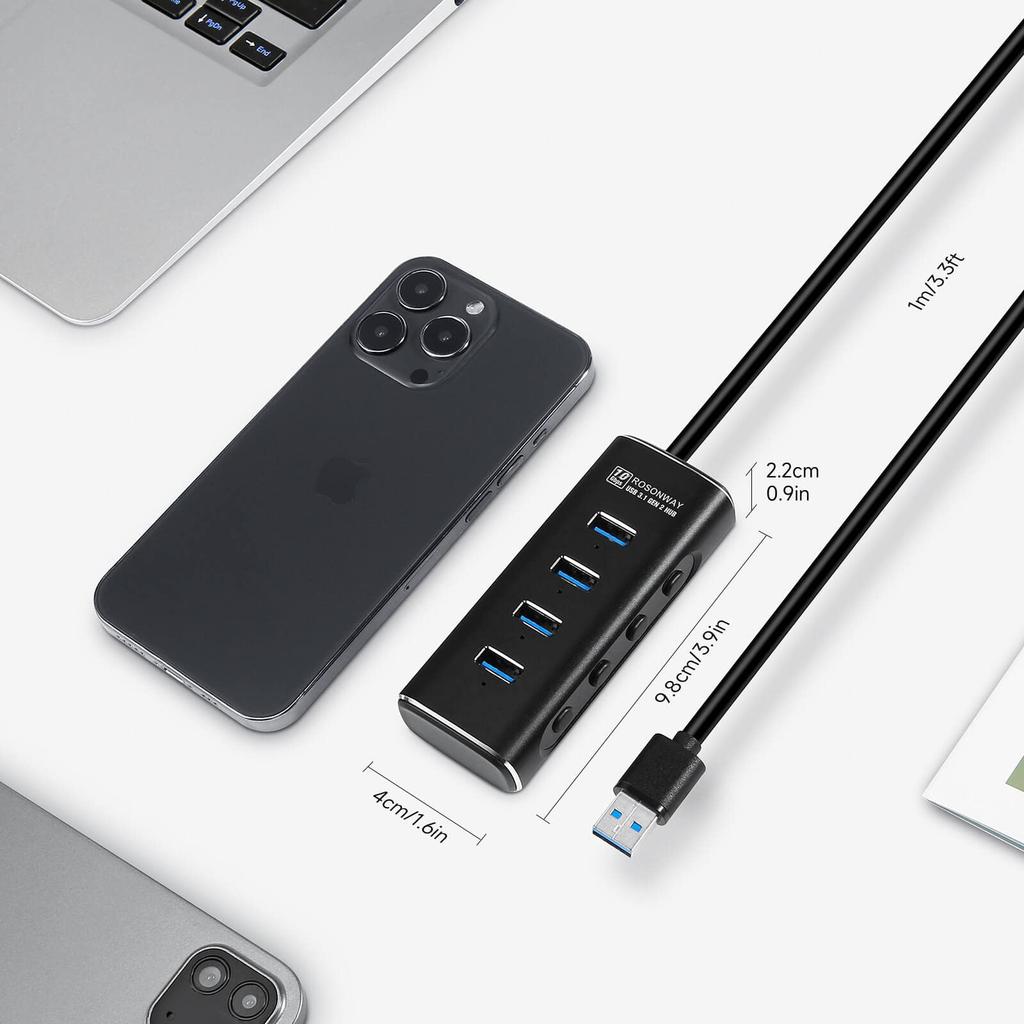 ROSONWAY USB Hub Gen 2 with Power 4 100cm Cable Bus Powered Self 5V AC Independent Switches 3.1 Supply, 10Gbps, Aluminum, Ports, Included, & Powered,