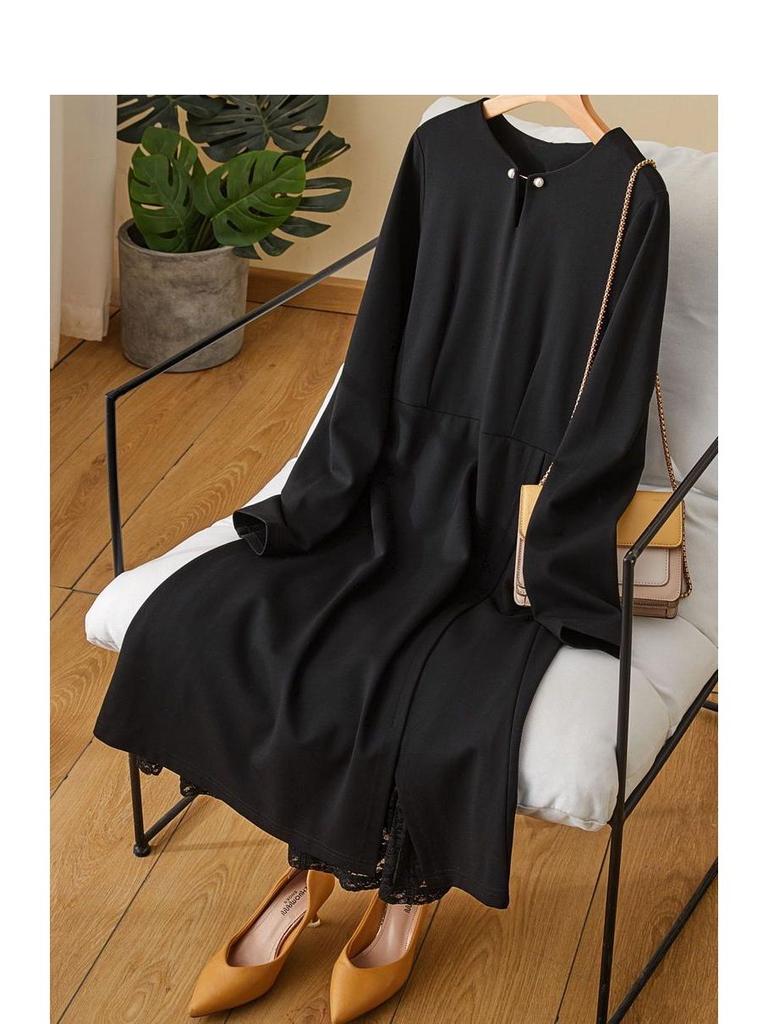 Plus Size Women's Mid-Length Black Dress with Lace Patchwork - Slimming Waist, Perfect for Spring, Autumn, and Winter