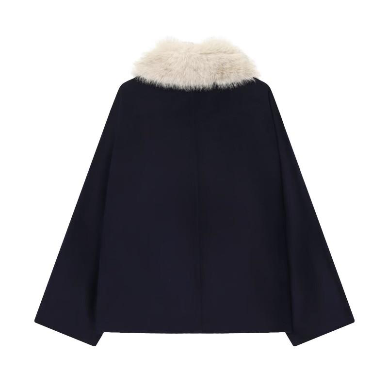 Womens Wool Blend Long Sleeve Coat With Faux Fur Collar Loose Fit Street Style Winter Outerwear
