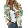 Women Floral Leaf Print Casual Long Sleeve Zipper Jacket Round Neck Fashionable