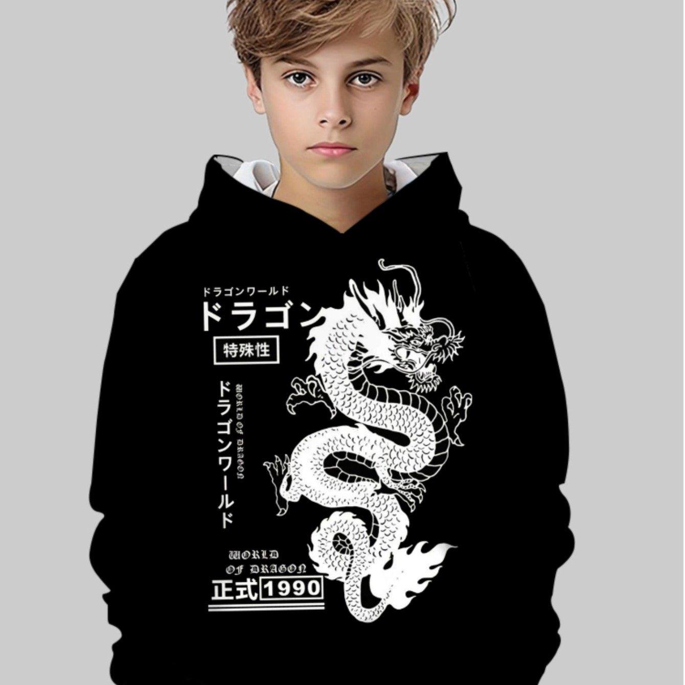

Boy Japanese Anime Dragon print Flower Hoodie -3D White Dragon with Japanese Design, Soft Polyester Hoodie Suitable for Indoor/Outdoor Activities 13-14Y