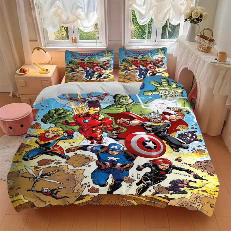 Custom Name Avengers Superhero Team Print 3Pcs Bedding Set,Duvet Cover with 2 Bedro,Pillowcase Home Birthday Gift