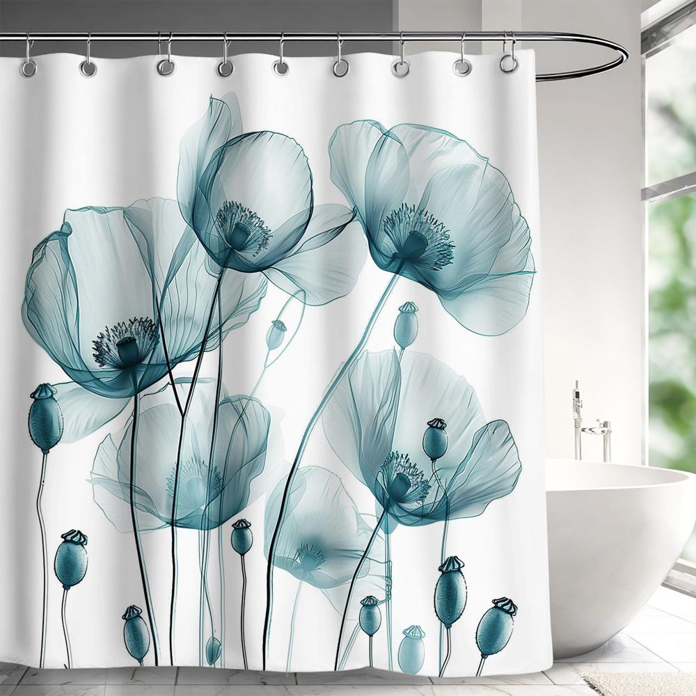 1 Piece Floral Printed Polyester Shower Curtain - No Drilling Required, Machine Washable Bathroom Decor, Machine Washable Fabric