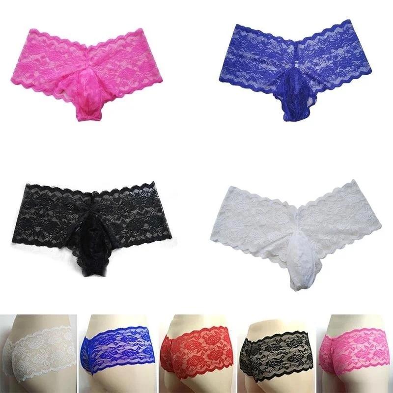 Mens Underwear Lace Thong Enhance Pouch Bikini Briefs Pants