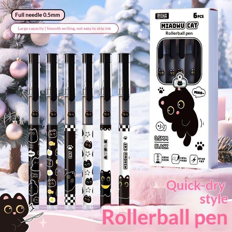 6PCS Black Cat Direct Liquid Rollerball Pen With Mini Needle Smooth Writing Non-Stop Ink Fast Drying And Easy-to-Write Writing