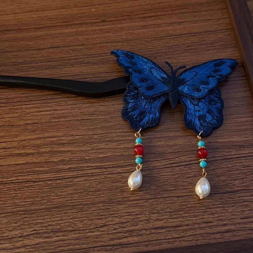 Handmade Antique Style Blue Butterfly Embroidered Hairpin Chinese Hanfu Accessory Hairpin Ancient Style Side Hairpin Headwear