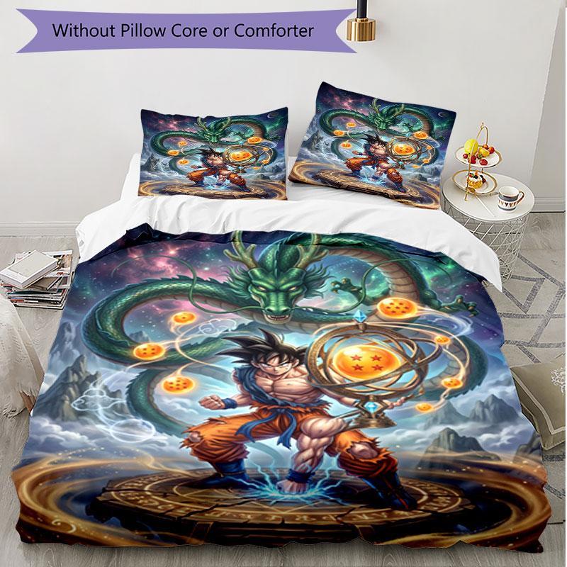 Set cuvertură de pilota 3 buc (1 * Husă de pilota + 2 * Față de pernă, Fără Miez), Set de așternut moale cu imprimeu Dragon Ball pentru toate anotimpurile, Cadou pentru decorarea dormitorului de acasă