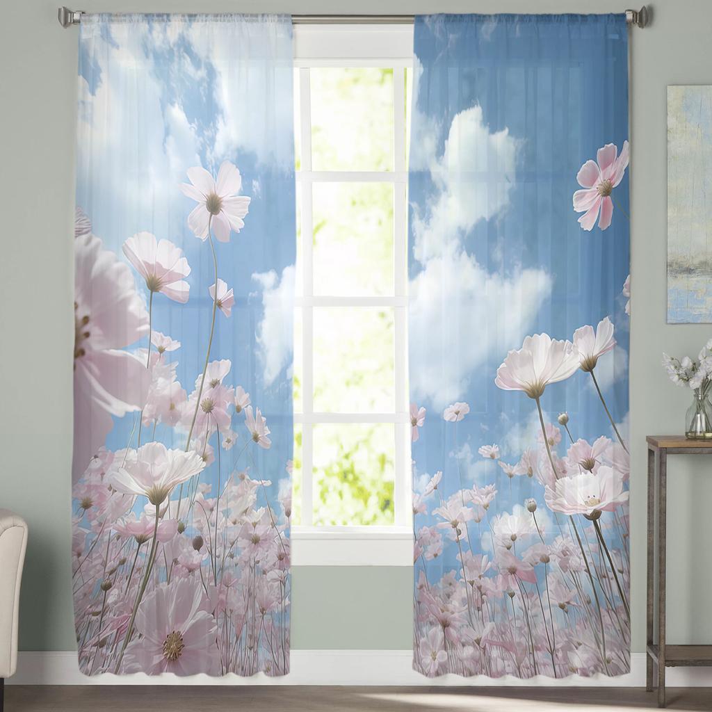 Himmel Weiße Wolken Blütenknospen Fenster Vorhänge Für Wohnzimmer Schlafzimmer Küche Chiffon Transparent Fensterdekoration