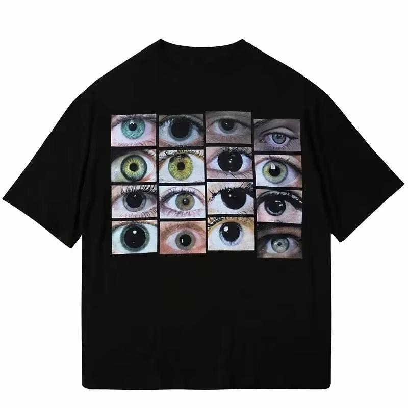 Men's Summer Novel Eye Print Round Neck Short Sleeved Casual Street Soft and Breathable 100% Pure Cotton Black T-shirt