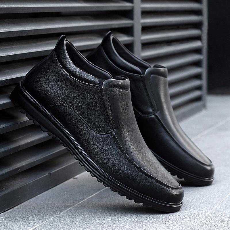 Warm Plush Fur Men's Chelsea Boots Genuine Leather Comfortable Ankle Boots Ultra-light Casual Slip On Footwear Business Loafers