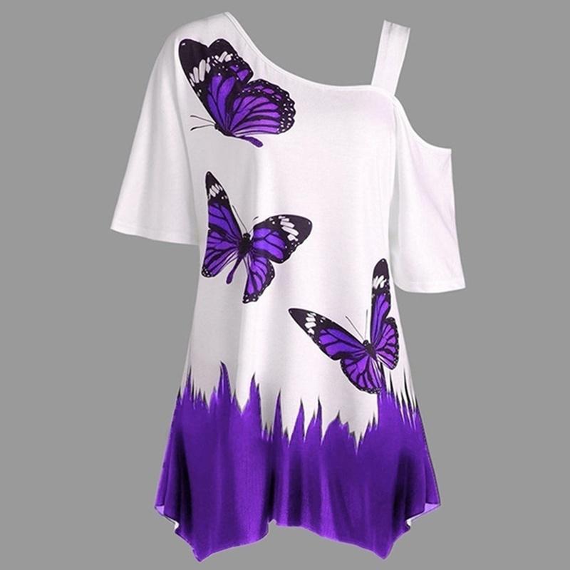 Women Fashion Butterfly Print One Shoulder Short Sleeve Tunic T-shirt Loose Blouse Tops Plus Size Fashion T-shirt