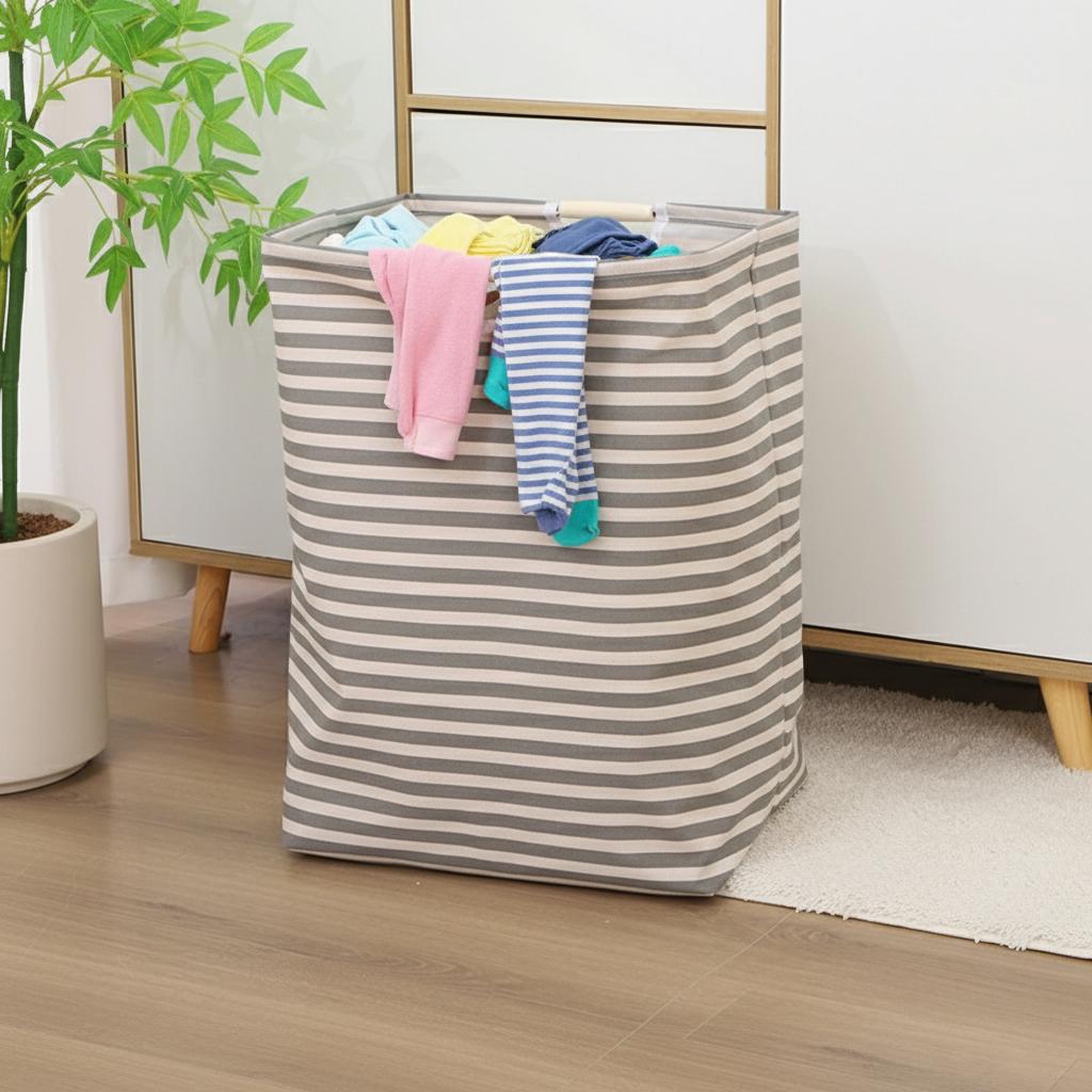 Cotton Linen Laundry Basket Foldable Storage Hamper with Waterproof Lined Wooden Handles for Bedroom Bathroom Laundry Room Home