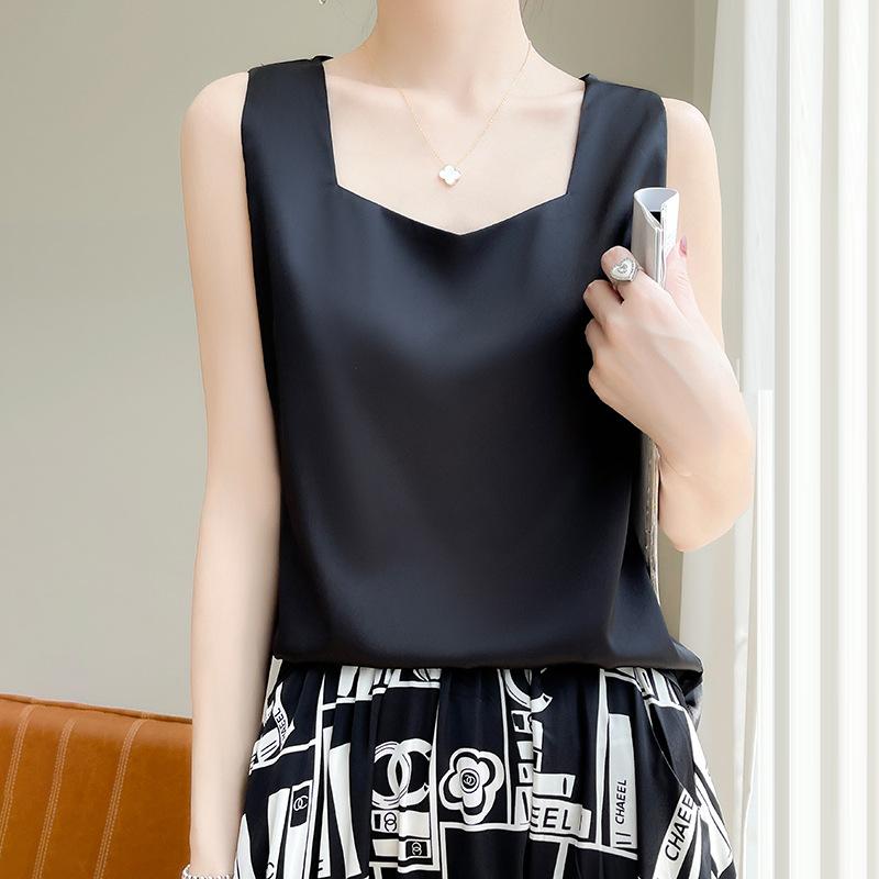 

INDFS Женская мода Повседневная Летняя Весна Однотонные принты Без рукавов V-образный вырез Блузки и рубашки XXXL чёрный