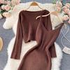 Twist Crop Sweater Solid Color Slim Knit Set Dress Two Piece Set Women All Match Autumn Winter For Ladies Hip