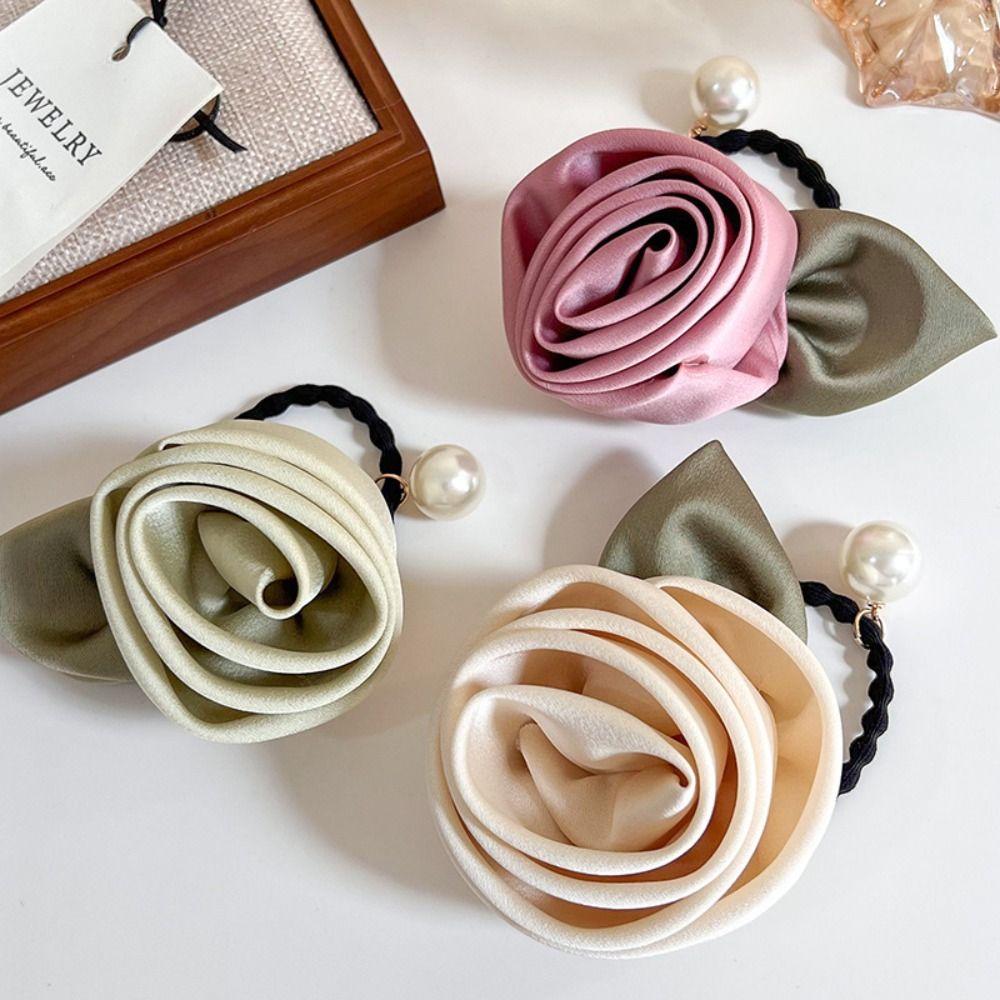Peal Rose Hair Rope Leaf Elastic Hair Band Sweet Silk Satin Hair Rope  Women Hair Accessories