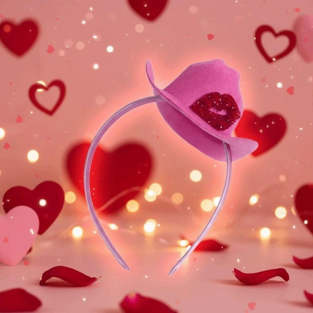 Filz Rosa Cowboyhut Stirnband Kunststoff Glänzender Lippenabdruck Haarband Valentinstag Haarreif Frauen