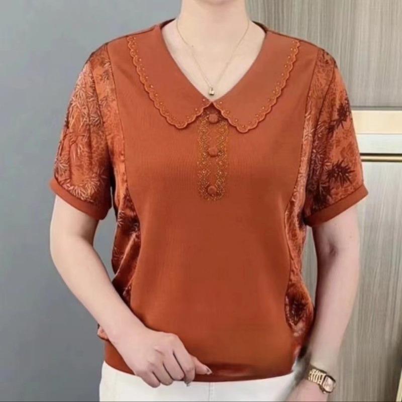Orange Lace Trim Doll Collar Short Sleeve Floral Print Patchwork Blouse for Women