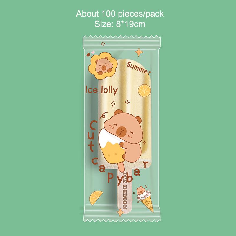 100Pcs Cute Cartoon Food Grade Ice Cream Bags Disposable Plastic Popsicle Protective Cover Storage Packing Bag Diy