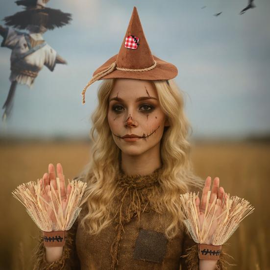 Unisex Scarecrow Bracelets Costume Set, with Headband Pointed Hat And Straw Decorated Bracelets, Halloween Cosplay for Farm Party Accessories Pastoral