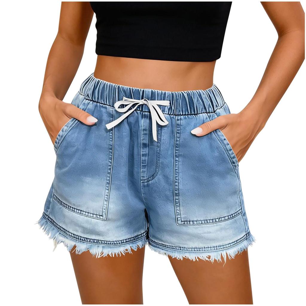 Women’s Casual Elastic Waist Denim Shorts with Drawstring and Hem Loose Fit Summer Jean Shorts for Everyday Wear