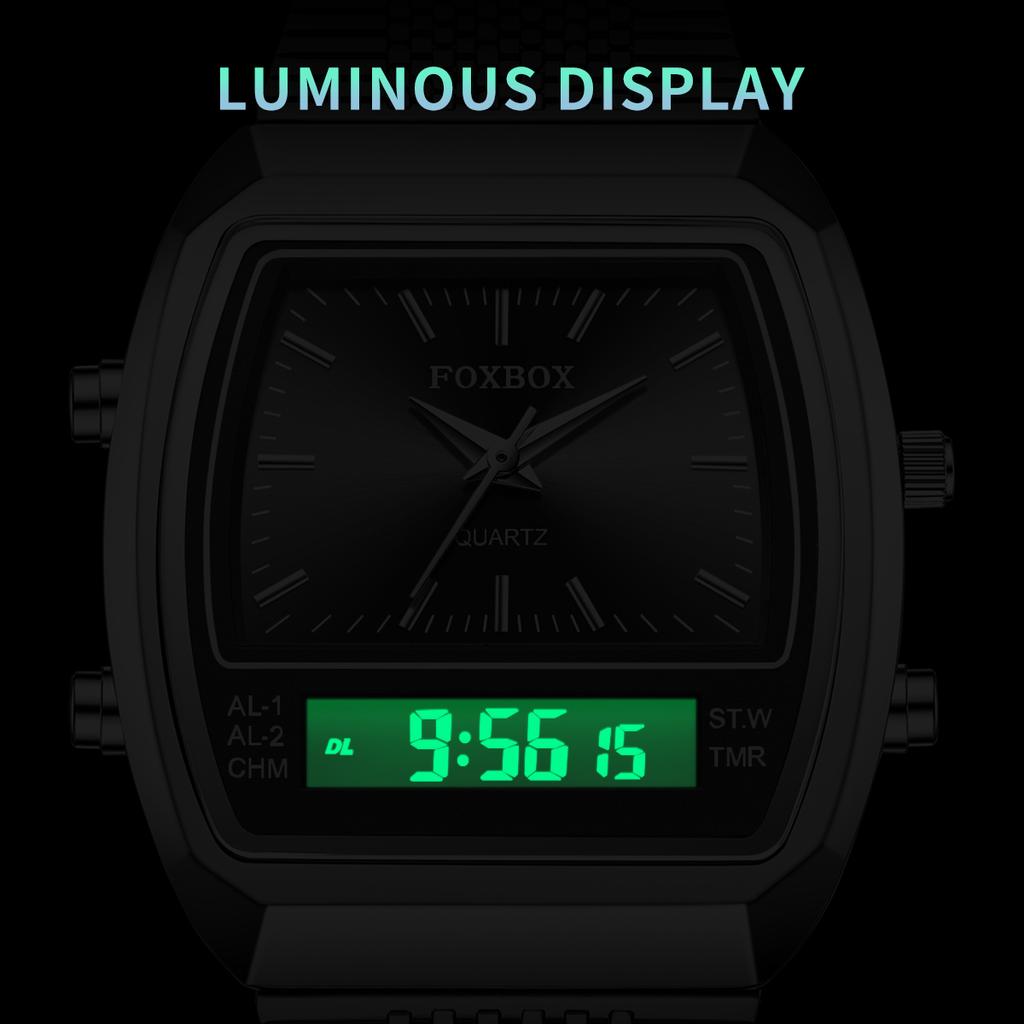 FOXBOX Mens Watch Luxury Sports Fashion Digital Men's Watches Waterproof Luminous Steel Quartz Wristwatches Reloj Hombre