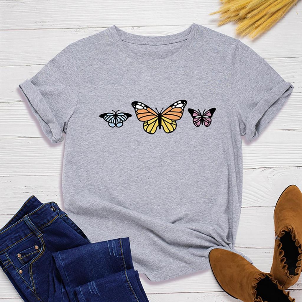 Women's Fashion Casual Loose Butterfly Print Round Neck Top T-Shirt