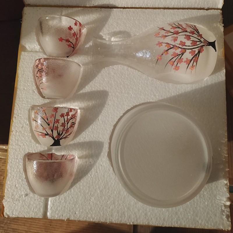 Cherry Blossom & Plum Glass Sake Set: Hand-Painted Pot & Cups