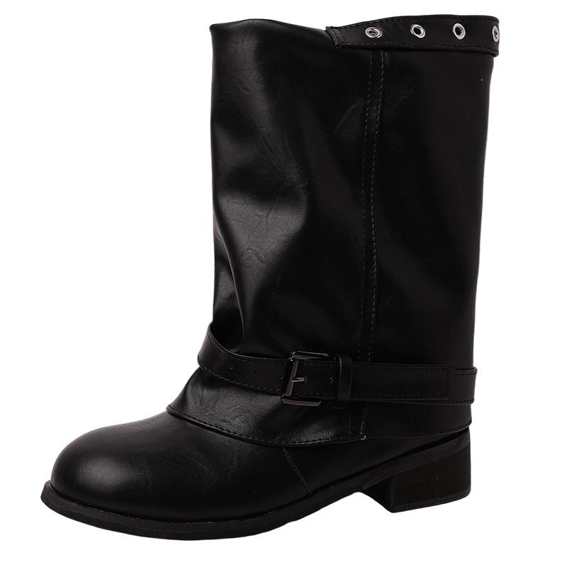 Fashion versatile retro big tube wrinkled piled boots women's 2025 autumn and winter new belt buckle thick heel fashion boots
