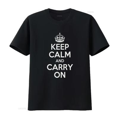 Keep Calm And Carry On T-Shirt Britischer Spruch Bleib Stark Text Vintage Gewaschen Leicht Gedehnt Lässig Designer Kleidung Weich