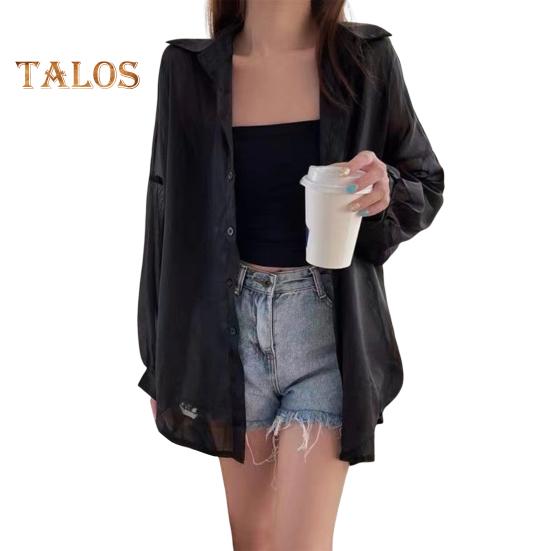 Women Shirt Lapel Long Sleeve Single Breasted Shirt Tops Solid Color Loose Fit See-through Glossy Fabric Sunscreen Thin Shirt