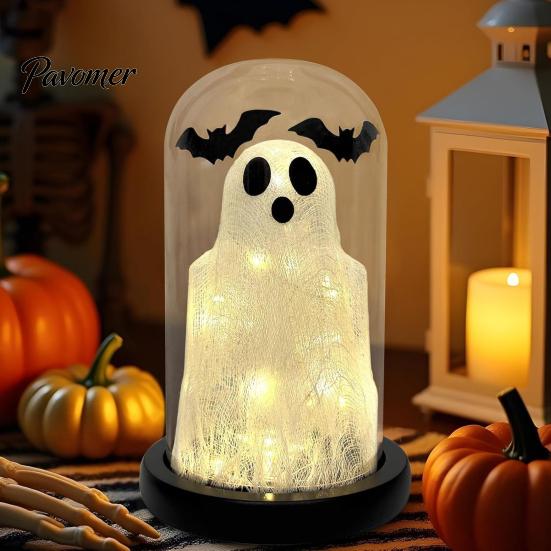 Battery Operated LED Table Lamp Halloween Light Up Ghost in Dome Cloche, Cute Night Spooky Indoor Home Decor with Bats for Kitchen Mantel Tabletop