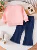 Girls' INS Style Pink Bow Sweatshirt & Denim Flared Pants Set