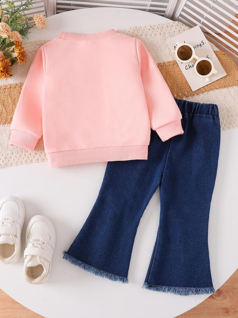Girls' INS Style Pink Bow Sweatshirt & Denim Flared Pants Set