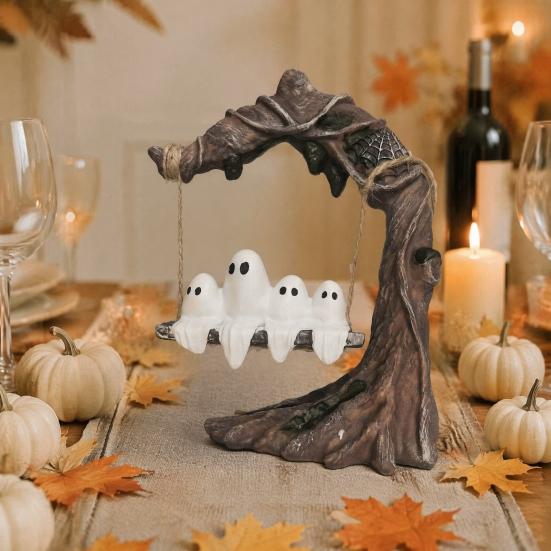 Vintage Tree Swing Ghost Statue On Halloween Decor, Resin Spooky Figurine with Cute And Desktop Decoration Base, Festive Party Tabletop Ornament,