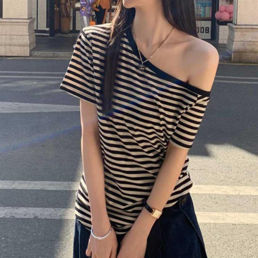 New ArrivalS Open Run Women S Off Shoulder Black looSe FiT STripe T ShirT