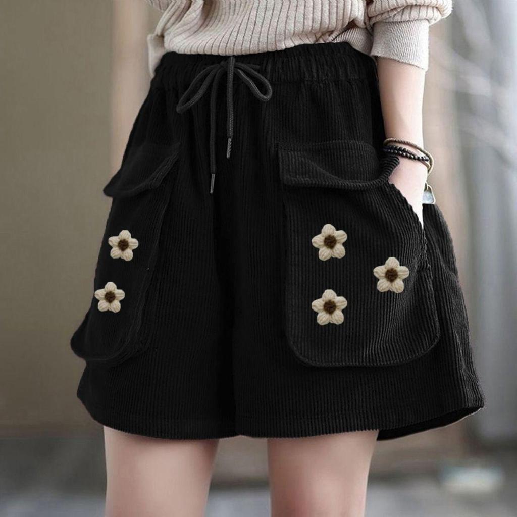 Women's Corduroy Shorts Summer Retro Loose Chinese Style Pocket Crocheted Casual Wide-leg Shorts