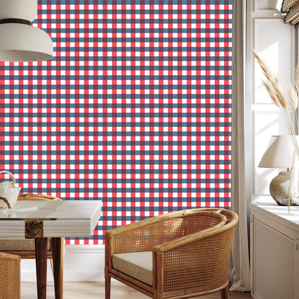 Navy blue, red, white and coral checkered wallpaper for living room and bedroom 50x1000