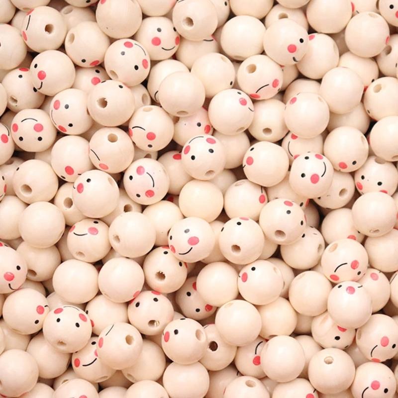 100pcs Natural Wood Beads Round Ball Spacer Smiling Face Doll Head Bead DIY Jewelry Making Supplies Bracelet Necklace