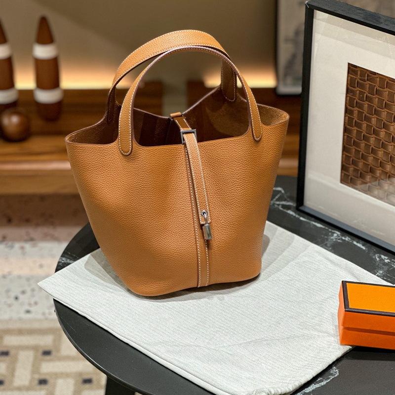 New Genuine Leather Women's Bag Head Layer Leather TOGO Leather 1822CM Vegetable Basket Handheld Bucket Bag Cross Border
