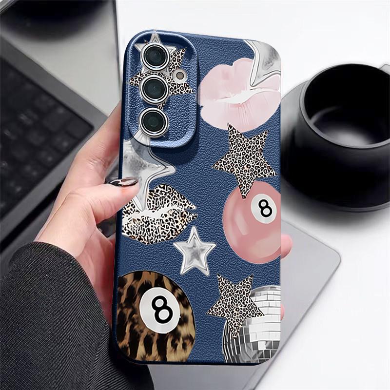 Vintage Leopard Print Stars Billiards Case For Samsung Galaxy S25 Edge S24 Ultra S23 S22 Plus S21 FE S26 Ultra Leather Texture Silicone Cover
